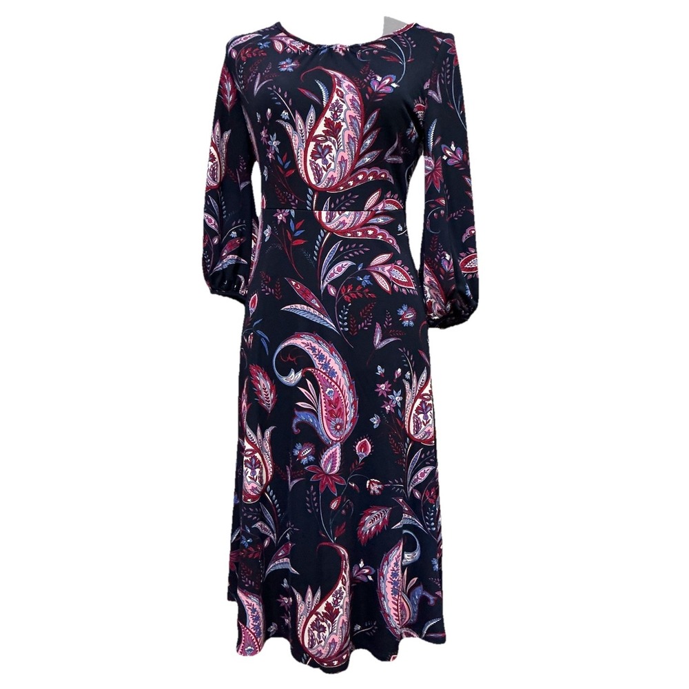 Talbots Petite Women's Navy Knit Paisley Dress 3/4 Sleeve Size S